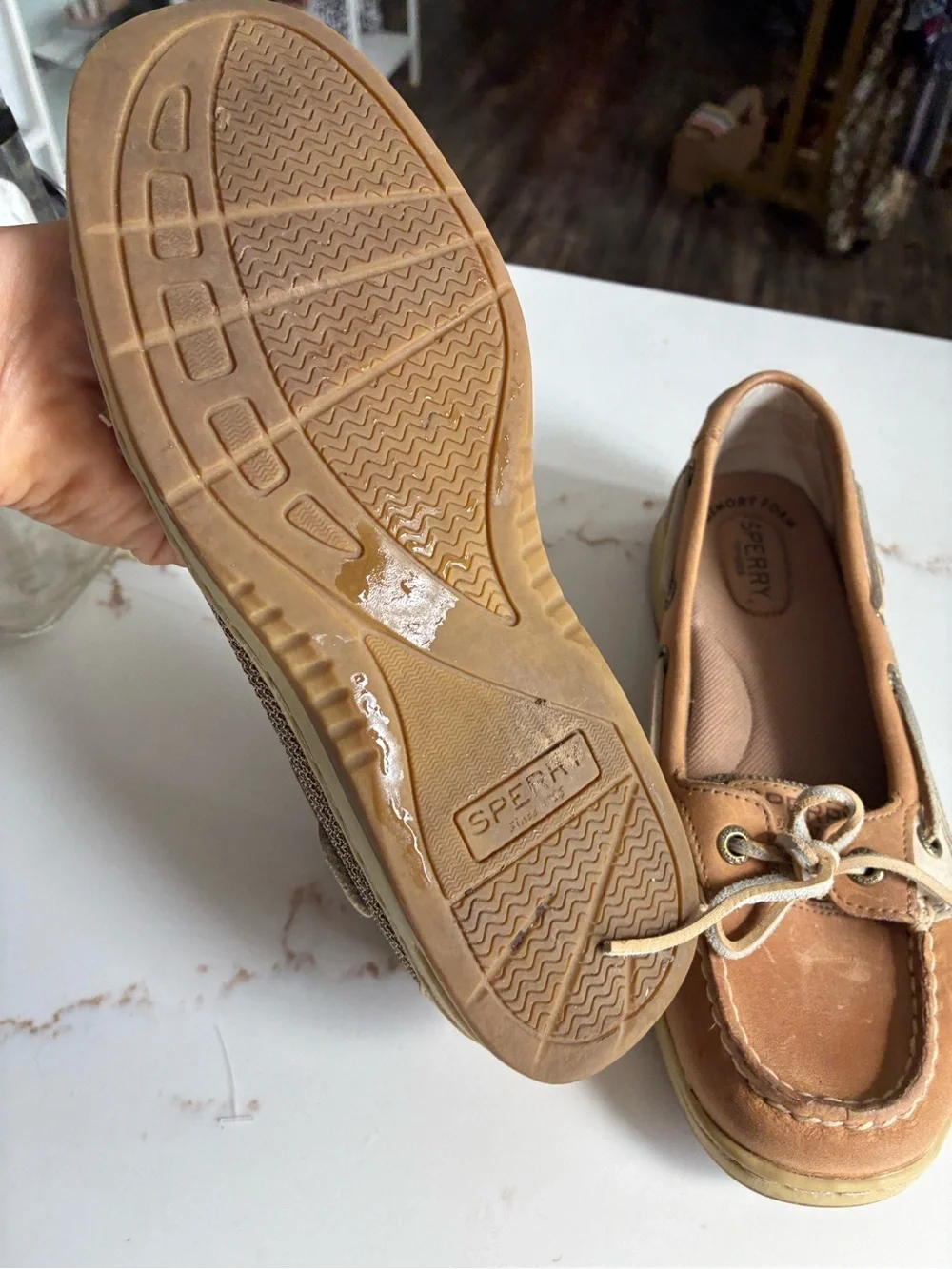 Sperry Tan and Beige Leather-Trim Boat Shoes size 7